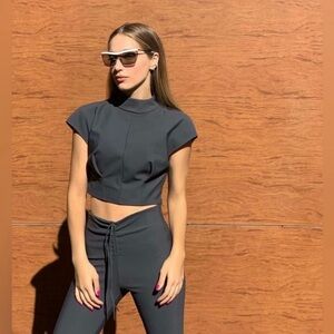 Zara Technical Top Gray Mock Neck Top Zipper